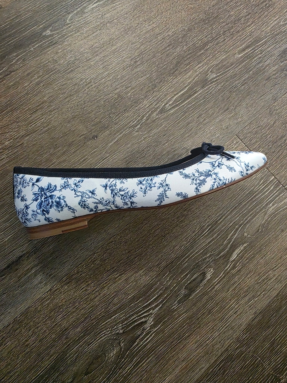 Margaux White Ballet Flat with Blue Floral Print and Black Trim